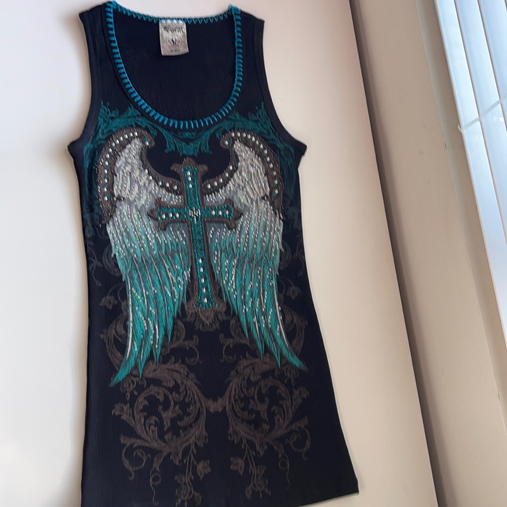 Small Vocal black tank top bedazzled aqua cross with Angel wings front and back